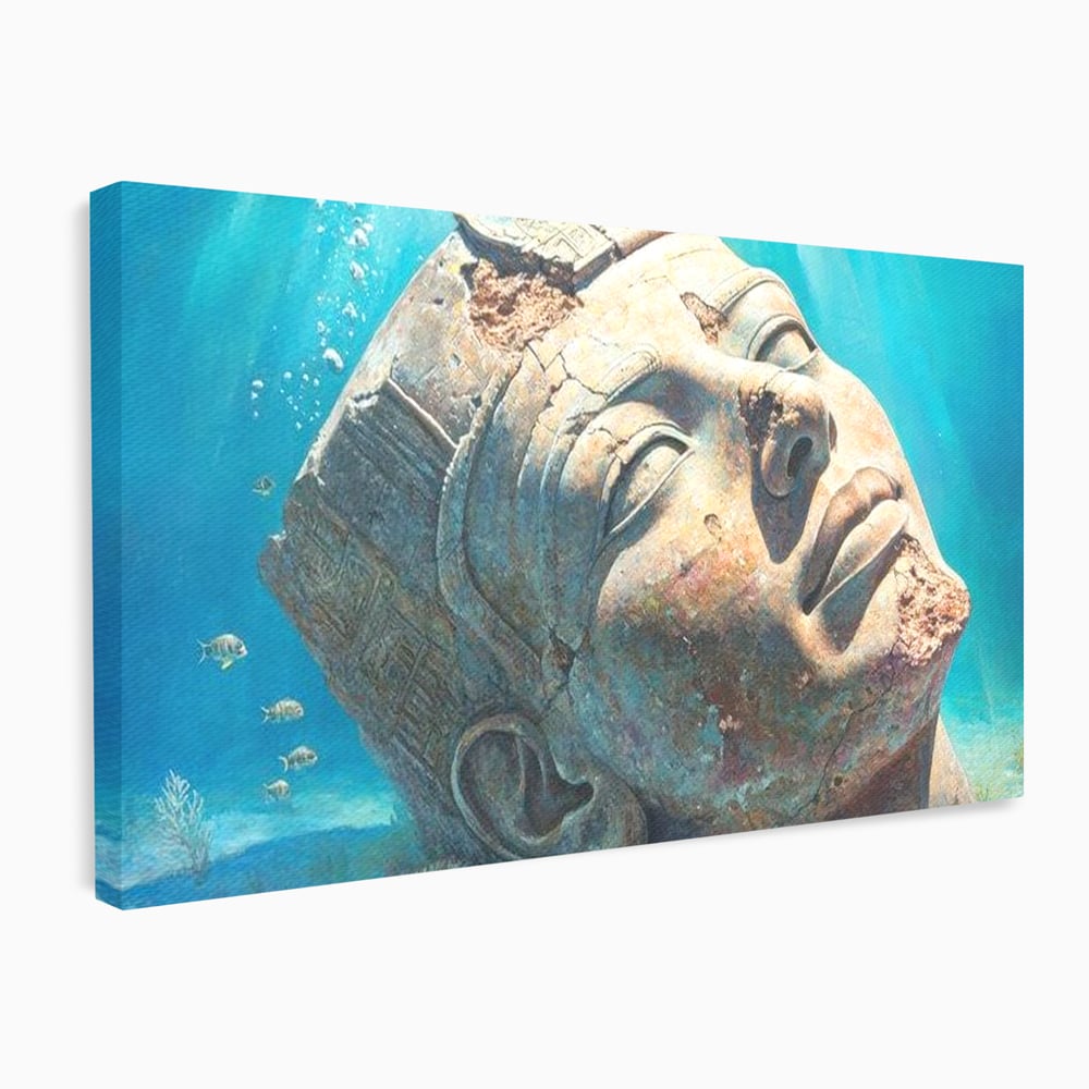 Tablou canvas cu cap de statuie faraonica scufundat, fara rama, pe sasiu de lemn